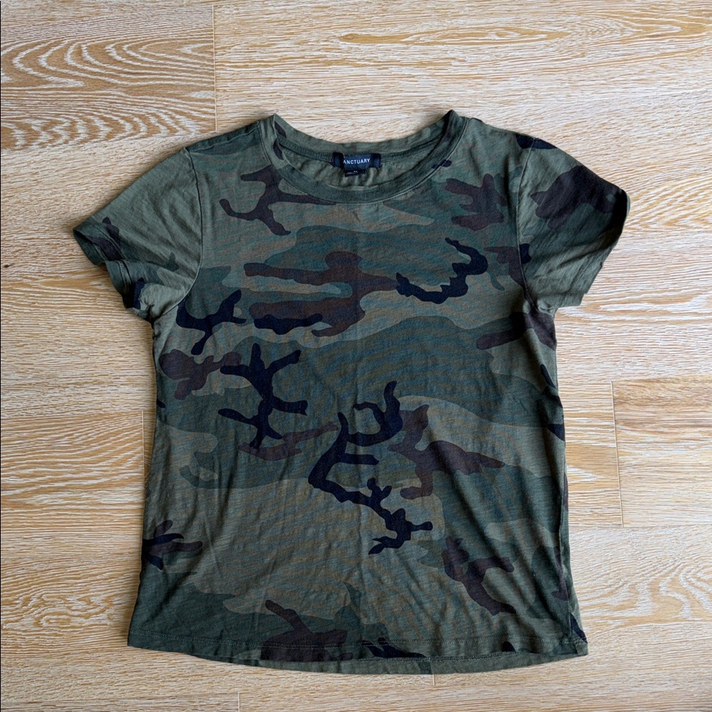 Sanctuary Olive Green Camo Crewneck Tee